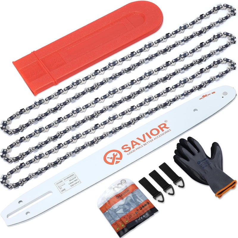 Savior 14 Inch Chainsaw Guide Bar and S52 Chain Combo, 3/8" LP Pitch, .050" Gauge, 52 Drive Links Fits Husqvarna 120 Echo CS-310 Ryobi RY3714 Replaces 140SDEA041 27856(3 Chains+ 1 Bar) - Image 1